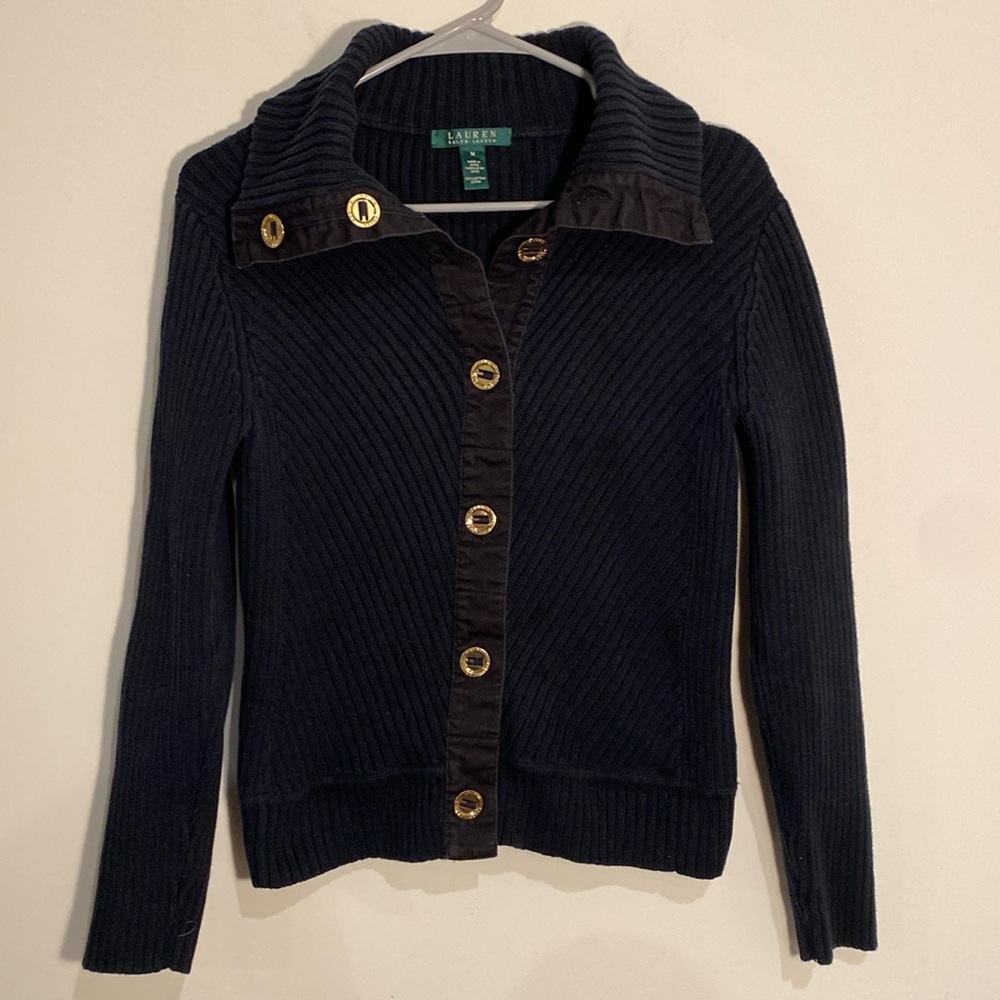 LAUREN Ralph Lauren Black Sweater Gold Hardware Button Front Size M